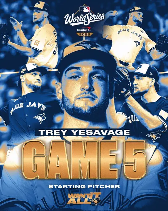 Blue Jays promotional image for tonight's game feature a collage of Trey Yesavage pictures